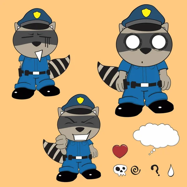 Divertido Mapache Niño Dibujos Animados Policía Hombre Uniforme Expresiones Colección — Vector de stock