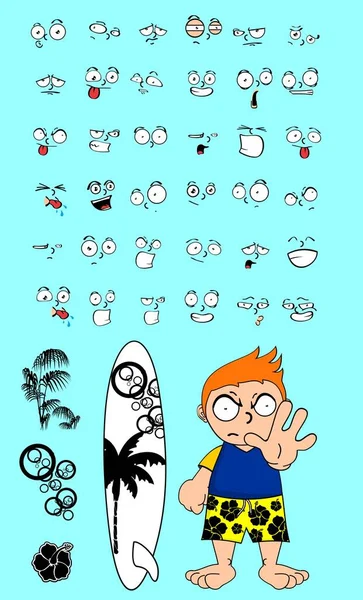 Surfer Enfants Dessins Animés Expressions Set Collection Format Vectoriel — Image vectorielle