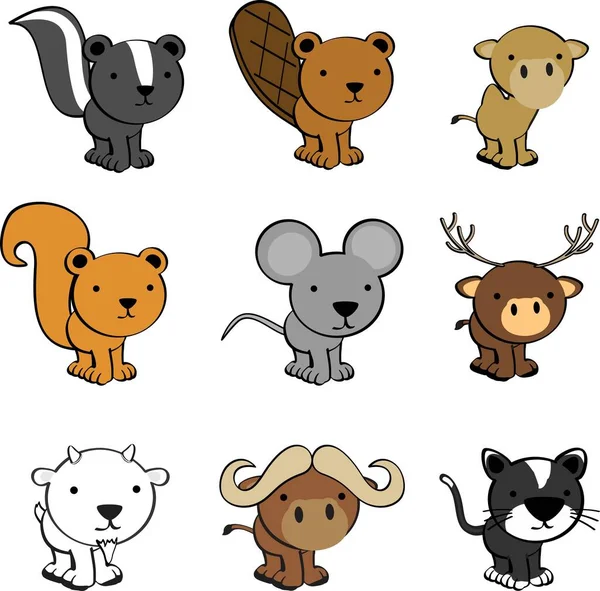 Mignon Bébé Animaux Kawaii Collection Dessins Animés Mis Format Vectoriel — Image vectorielle