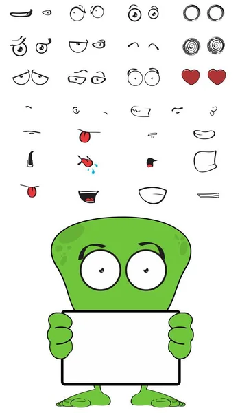 Engraçado Verde Monstro Alienígena Desenhos Animados Coleção Expressões Definidas Formato — Vetor de Stock