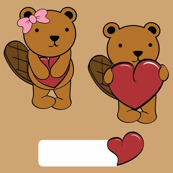 Cute Boy Girl Standing Kawaii Beaver Cartoon Holding Heart Set — Stock Vector