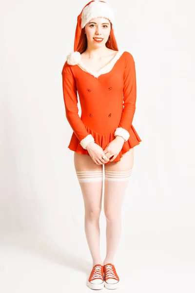 Young Pretty Red Head Girl Santa Claus Mini Dress Neutral — Stock Photo, Image