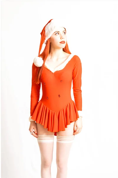 Young Pretty Red Head Girl Santa Claus Mini Dress Neutral — Stock Photo, Image