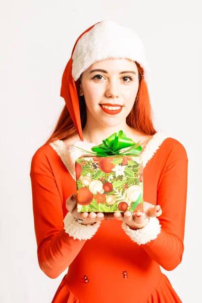 Young Pretty Red Head Girl Santa Claus Mini Dress Neutral — Stock Photo, Image