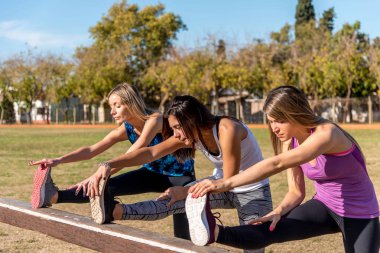Parkta, dışarıda çalışan üç genç bayan arkadaş. Spor, sağlık ve yaşam tarzı konsepti.