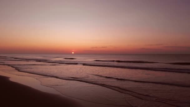 Aerial View Sunrise Sea Very Calm Waves Atlantic Ocean Hit Royalty Free Stock Video