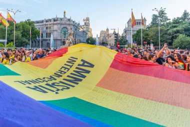 Madrid, İspanya - Temmuz 06, 2019: Madrid 'de, Gay Onur Günü kutlamaları. Büyük bir gökkuşağı bayrağı taşıyan bir grup insan