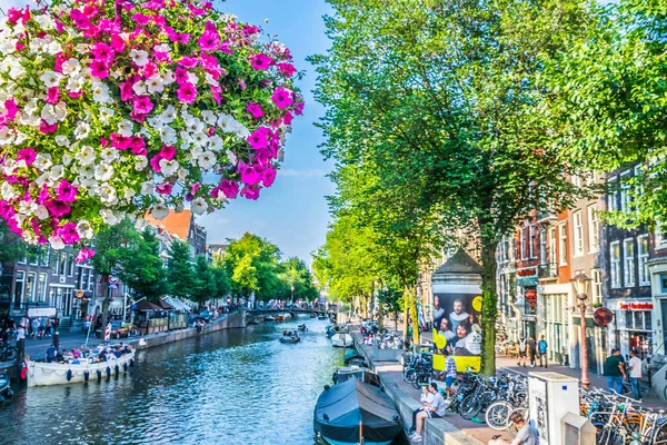 Amsterdam Juli 2018 Zicht Een Van Grachten Amsterdam Zeer Bloemrijke — Stockfoto