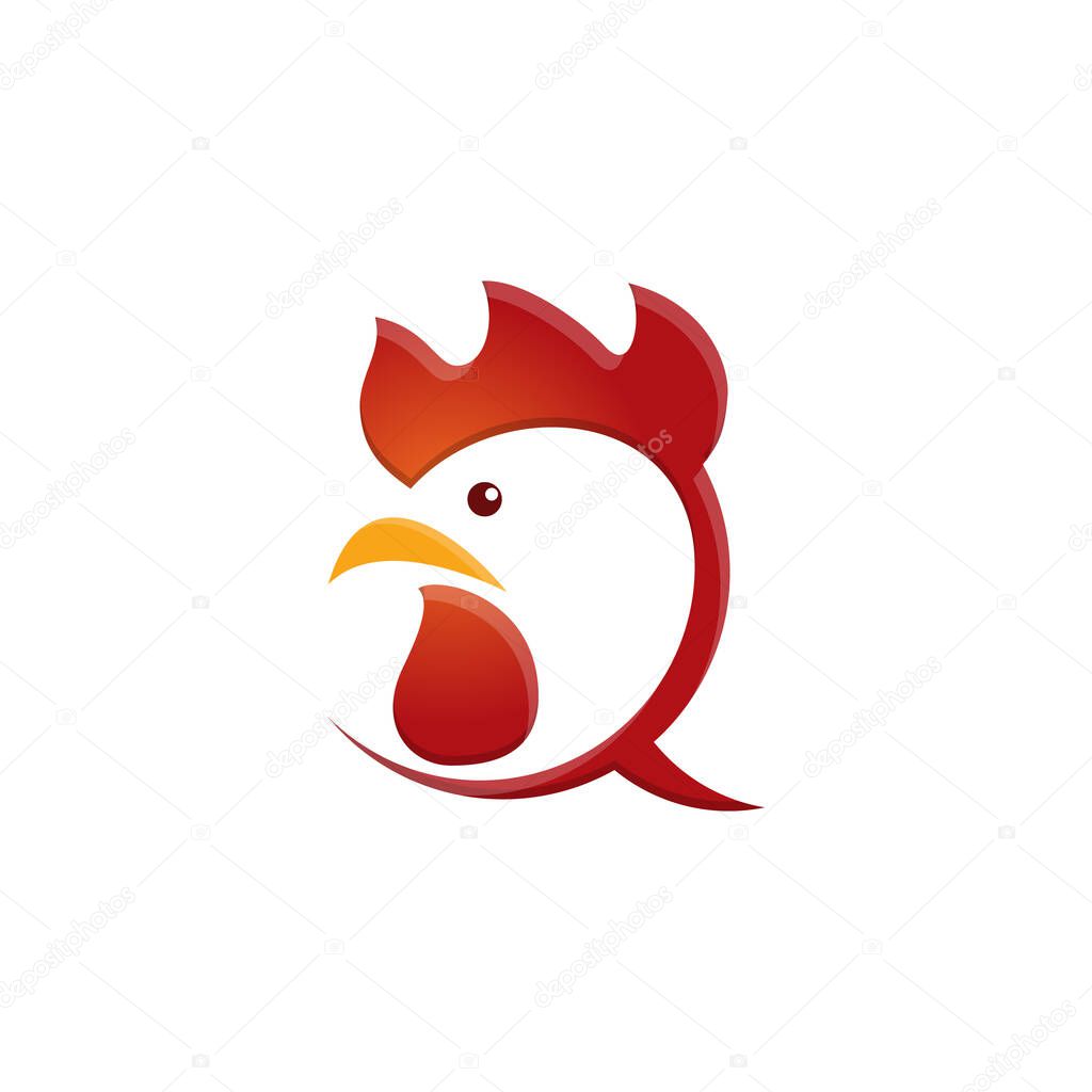 The logo is formed from a red chicken's head, Yellow beak, and the Talk Balloon Logo. Suitable for restaurant logos, food and beverages, farming, agriculture, etc.