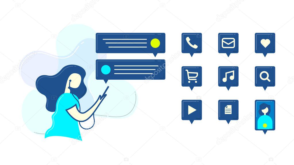 illustration of a woman using a mobile phone with various features