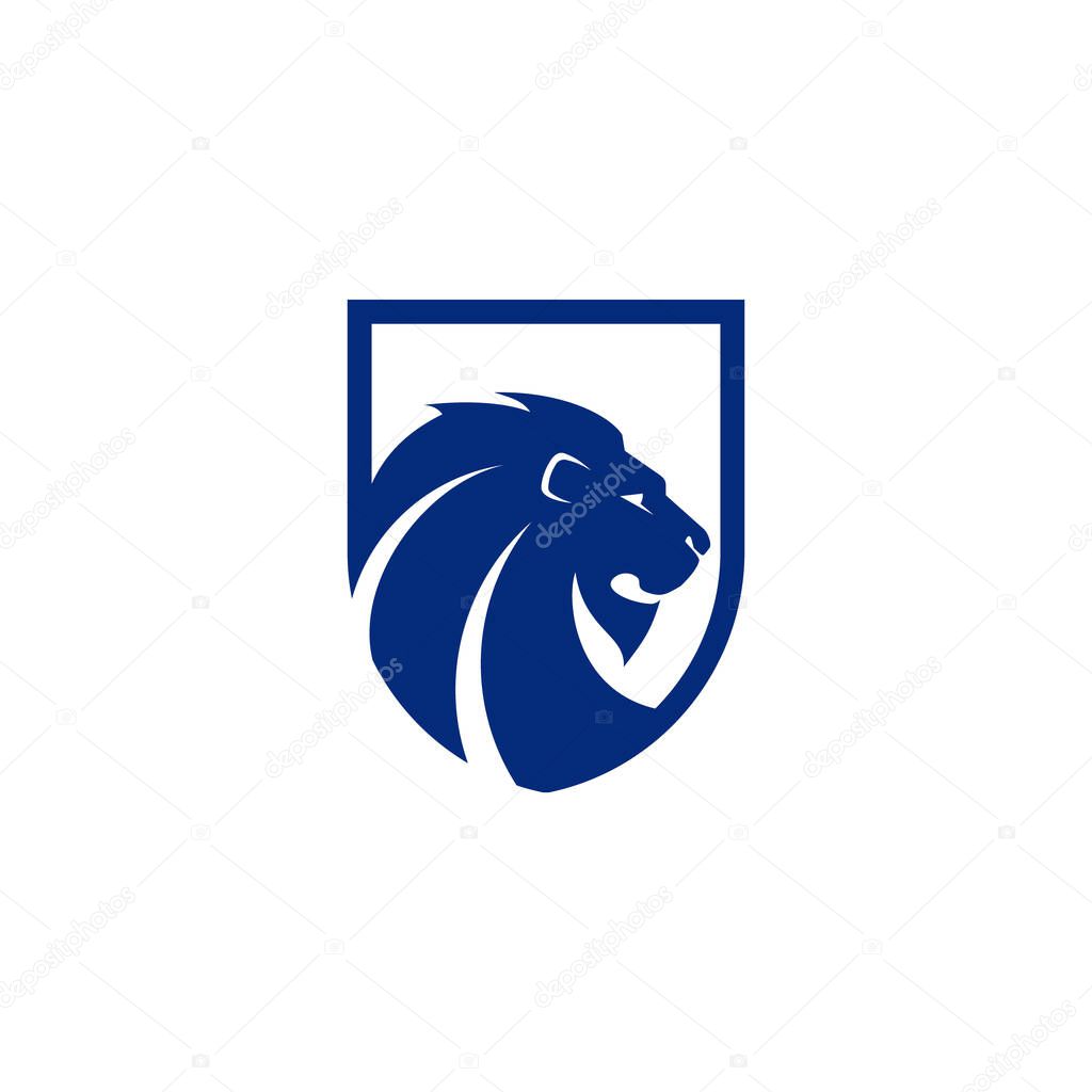 Logo of a lion with long hair in the shape of a shield