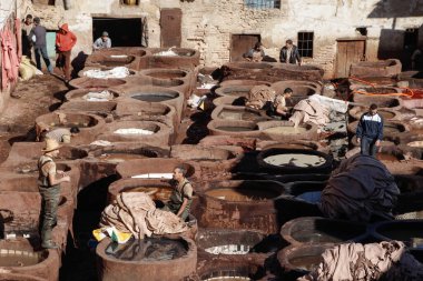 Fas 'taki eski Fez şehrindeki Antik Tannery. Ortaçağ yöntemleri kullanarak çalışan ve ölen erkekler