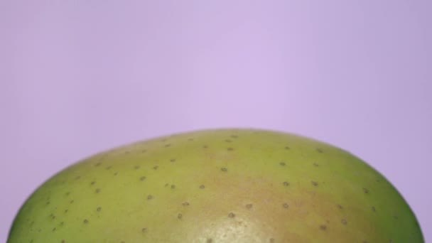 Macro Close up of green apple on purple background. Creative rotating macro shot of fresh and healthy fruit — Stock Video