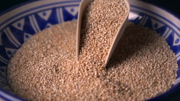 Scoop hälla Quinoa Grains i en vacker keramisk skål. Makro syn på hälsosam glutenfri mat — Stockvideo