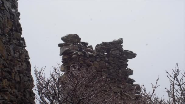Ruined Stone Wall in a winter snowing landscape — Stock Video