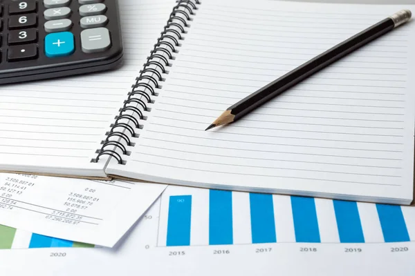 Notebook Tužka Kalkulačka Finanční Zprávu Business Accounting Concept — Stock fotografie