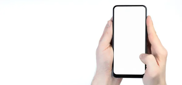 Smartphone Main Mâle Avec Écran Blanc Sur Fond Blanc — Photo