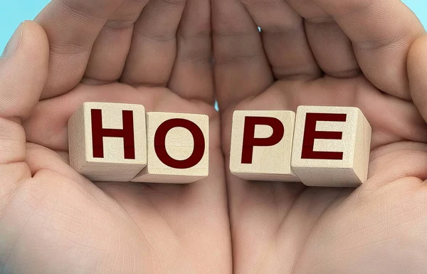 Ελπίδα Λέξη Γραμμένο Ξύλινο Κύβο Ελπίδα Έννοια Κειμένου Ανδρικά Χέρια — Φωτογραφία Αρχείου