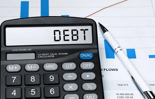 Słowo Debt Kalkulator Biznes Koncepcja Podatkowa Zdjęcie Magazynu — Zdjęcie stockowe