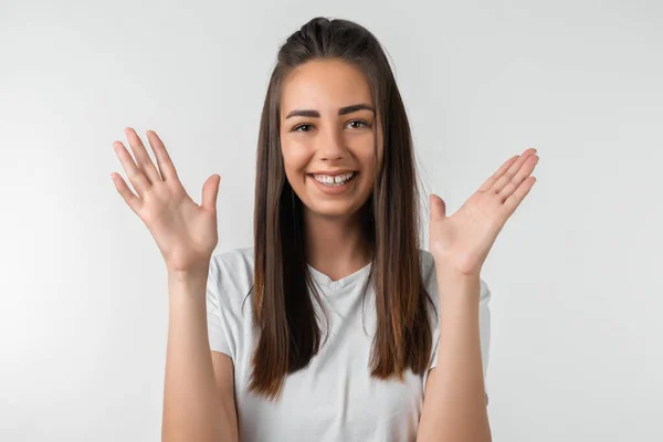 Emociones Humanas Positivas Reacción Asombro Chica Sorprendida Con Pelo Largo —  Fotos de Stock