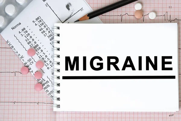 Notebook Page Text Migraine Table Pills Pencil Medical Concept Top — Stock Photo, Image