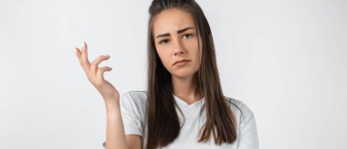 What the hell are you talking about, nonsense. Studio shot of frustrated female with long chestnut hair gesturing with raised palm, frowning, being displeased and confused with dumb question.