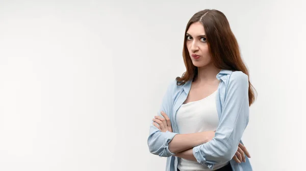 Portrait Displeased Brunette Female Long Straight Hair Stands Her Arms — Stock Photo, Image