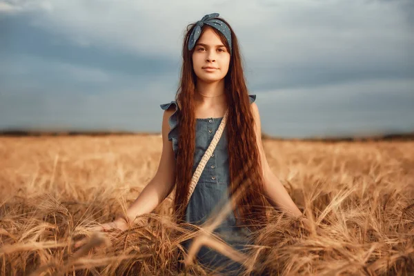 一个夏天的傍晚 12岁的小女孩 一头长长的棕色头发 在麦田里散步 带有选择性焦点 色调和噪音的图像 — 图库照片