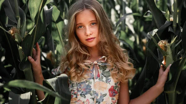 Стильная Молодая Девушка Лет Винтажной Одежде Позирует Кукурузном Поле Единство — стоковое фото