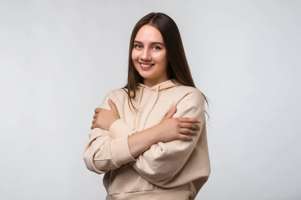 Amo Retrato Mulher Bonita Doce Encantadora Com Cabelo Castanho Longo — Fotografia de Stock