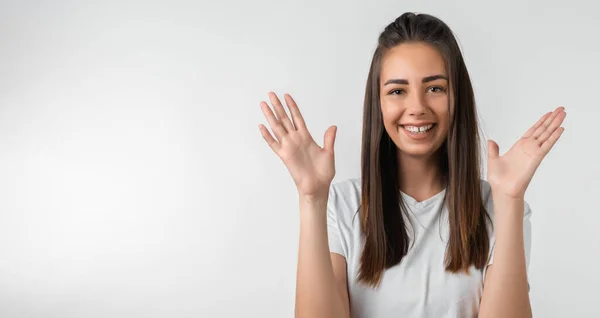 Positieve Menselijke Emoties Reactie Verbazing Verrast Meisje Met Lange Kastanje — Stockfoto