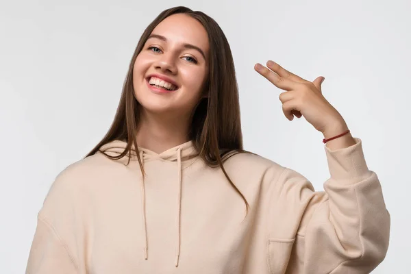 Junge Schöne Frau Schießt Und Tötet Sich Selbst Zeigt Mit — Stockfoto