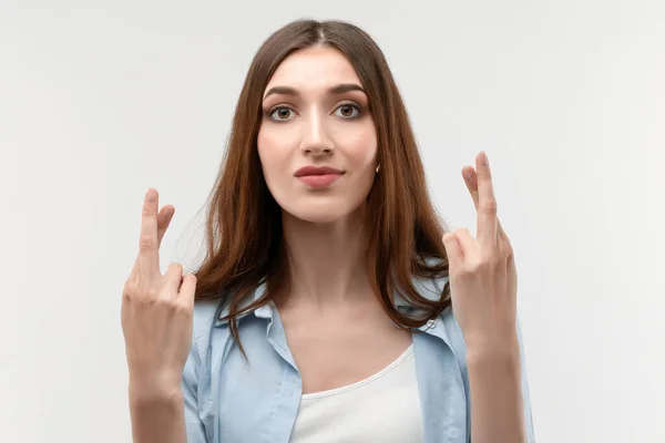 Joyful Young Brunette Female Long Straight Hair Crossed Fingers Makes — Stock Photo, Image