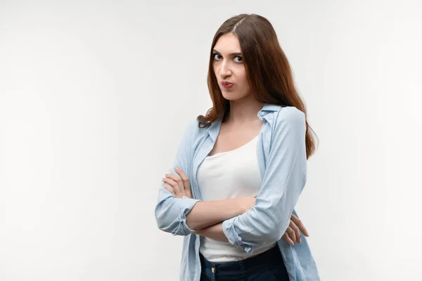 Portrait Displeased Brunette Female Long Straight Hair Stands Her Arms — Stock Photo, Image