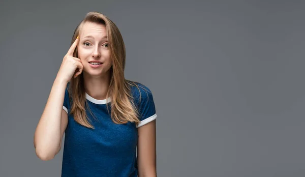 Studio Shot Confident Young Female Blonde Straight Hair Blue Shirt — Stock Photo, Image