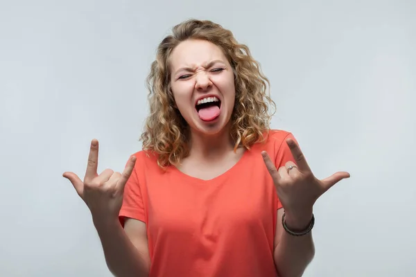 Image Excited Blonde Girl Curly Hair Casual Shirt Laughing Making — Stock Photo, Image