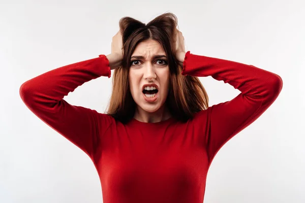 Image Young Stressed Woman Long Chestnut Hair Wearing Casual Red — Stock Photo, Image