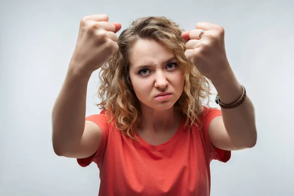 Angry Mad Blonde Girl Curly Hair Casual Shirt Raising Hands — Stock Photo, Image