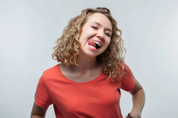 Portrait Cute Blonde Girl Curly Hair Casual Shirt Smiling Sticking — Stock Photo, Image