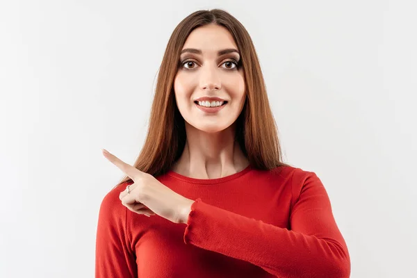 Imagen Mujer Feliz Joven Con Pelo Largo Castaño Vistiendo Suéter —  Fotos de Stock