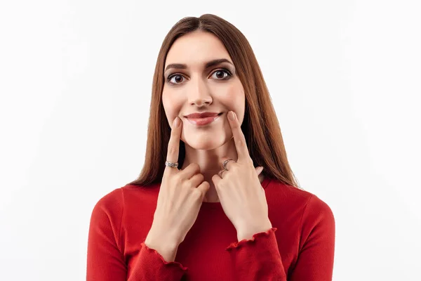 Jonge Mooie Vrouw Met Lang Kastanjebruin Haar Casual Rode Trui — Stockfoto