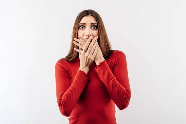 Afraid Image Young Scared Woman Long Chestnut Hair Casual Red — Stock Photo, Image