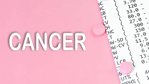 Word Cancer Roze Achtergrond Met Een Pillen Financiële Documenten Medisch — Stockfoto