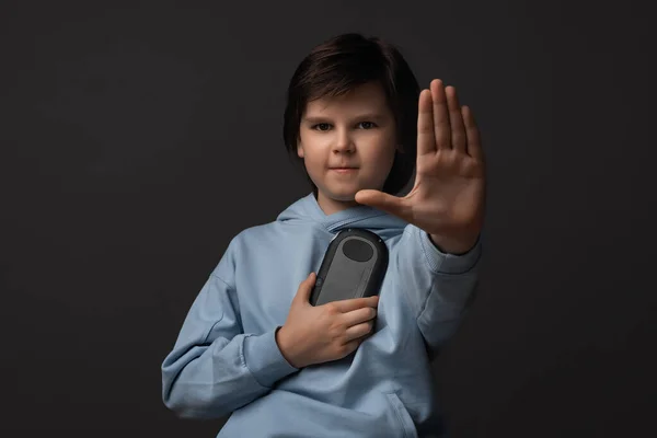 Cute Boy Years Old Hold Gamepad Playing Video Games Open — Stock Photo, Image