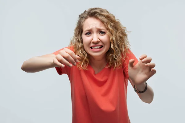Image Dissatisfied Blonde Girl Curly Hair Casual Shirt Doing Disgust — Stock Photo, Image