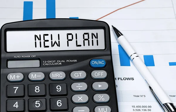 Calcolatrice Con Parola New Plan Sul Display Denaro Finanza Business — Foto Stock