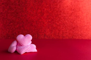 Hearts pink on red background. Love with Happy day celebration with valentine day with greeting card, illustration. copy space
