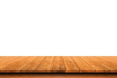 Tahta eski masa beyaz arka planda izole edilmiş. Ürün yerleştirme ya da ön plandaki masanın üstüne odaklı montaj için. Boş ahşap turuncu raf. raflar