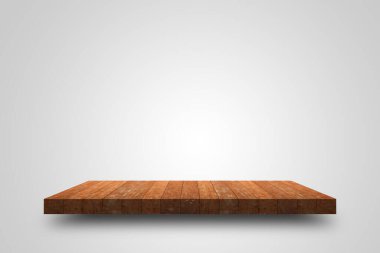 Empty wooden shelf on white background. For display or montage your products with focus wooden shelf top in the foreground. shelves
