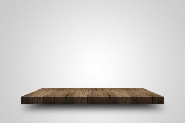Empty wooden shelf on white background. For display or montage your products with focus wooden shelf top in the foreground. shelves